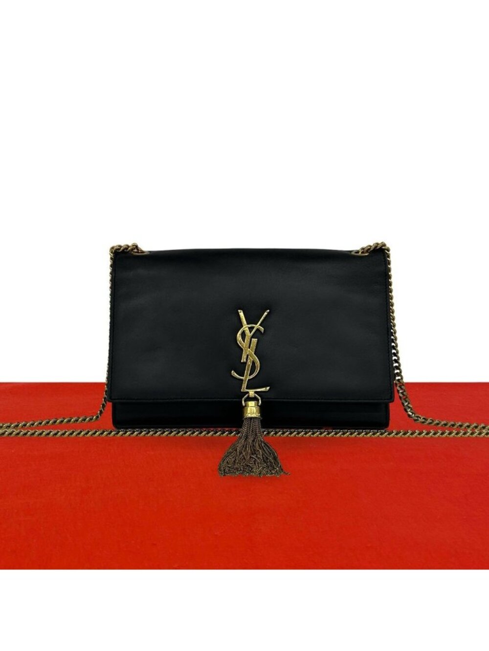 Saint Laurent Paris Kate YSL Logo Tassel Leather Shoulder Bag Pochette Black